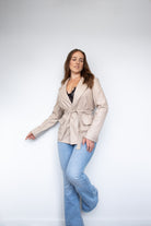 bruine leren blazer met strik ceintuur