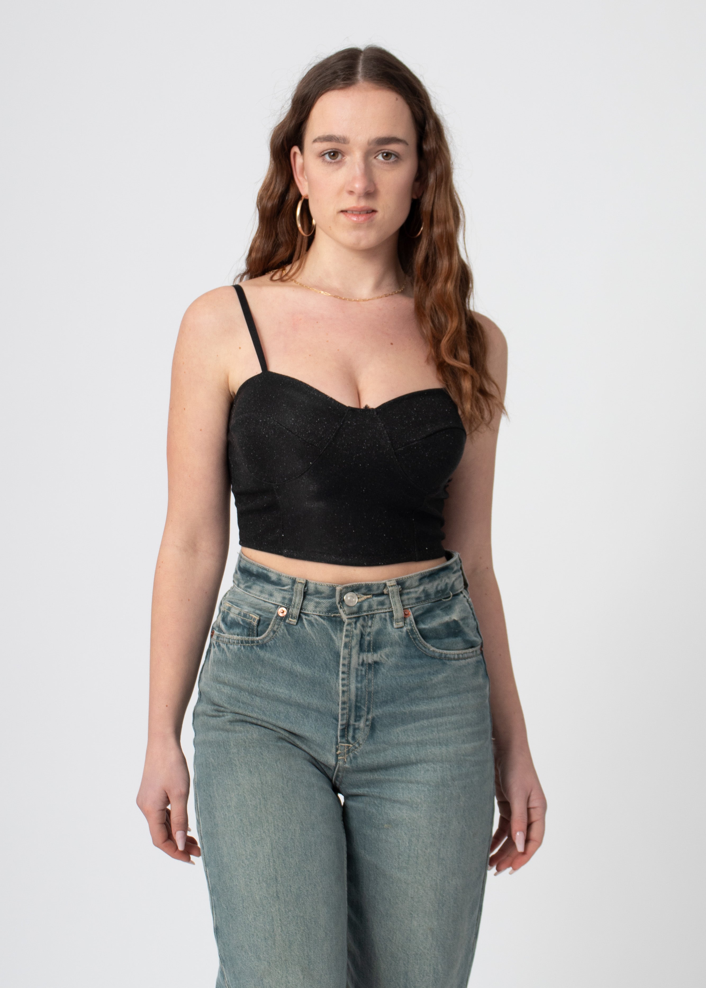 bustier crop top zwart glimmend met bandjes