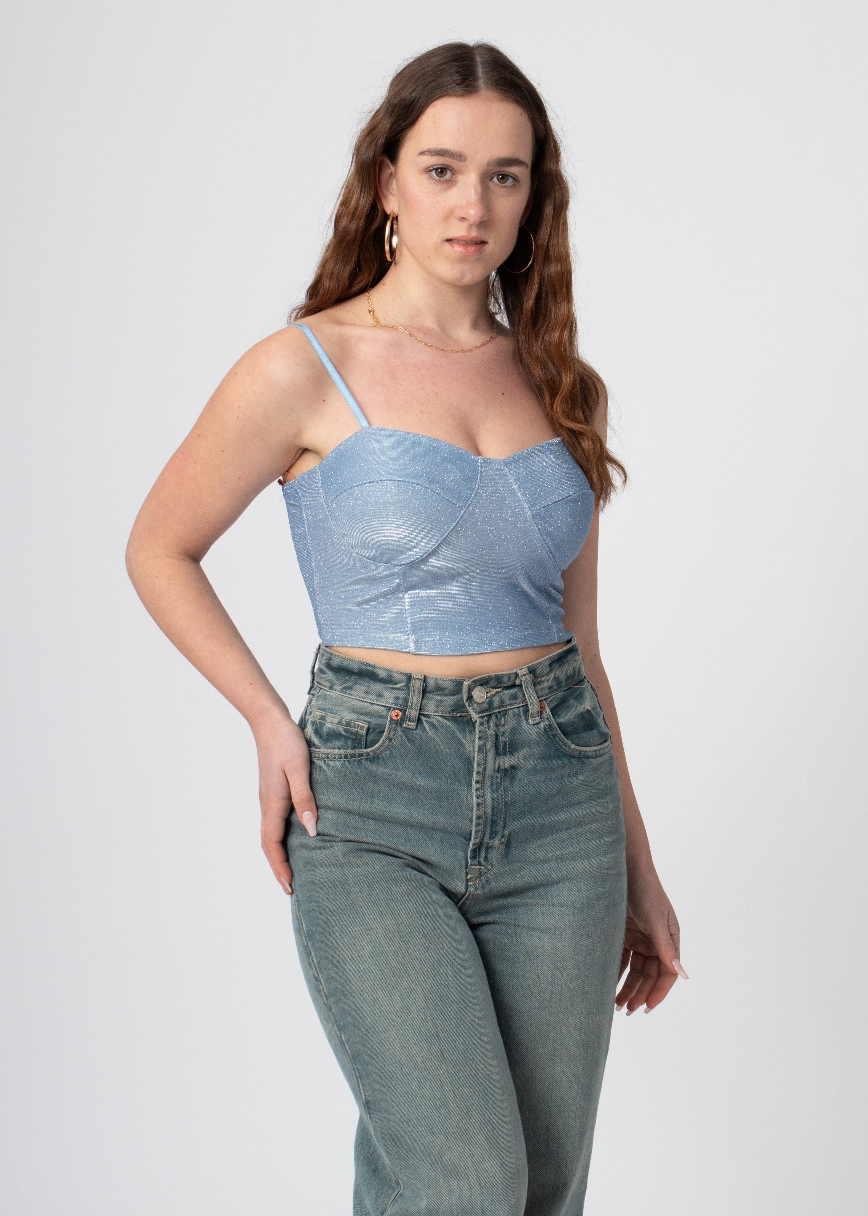 bustier crop top blauw glanzen glitter met bandjes