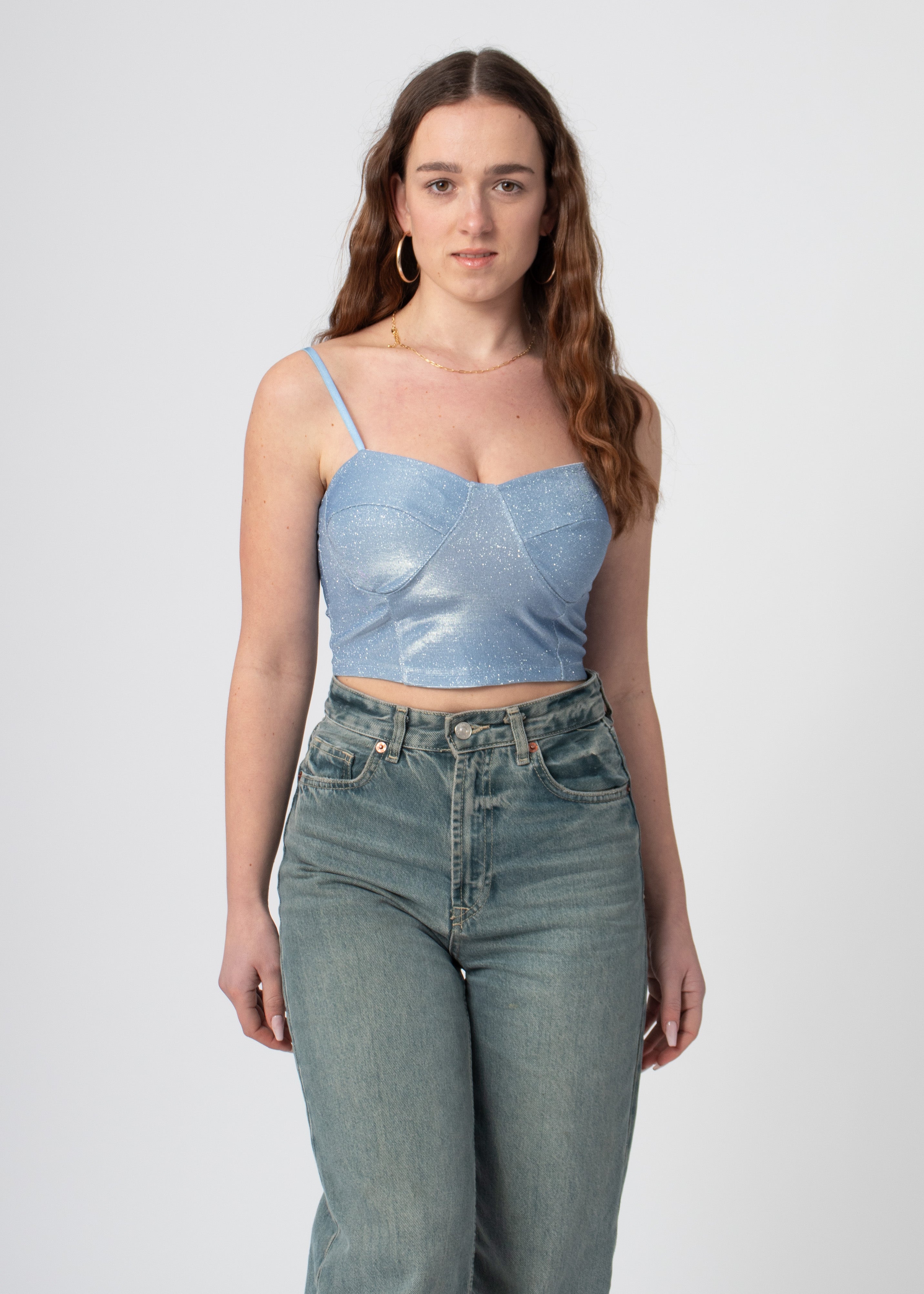 bustier crop top blauw glanzen glitter met bandjes