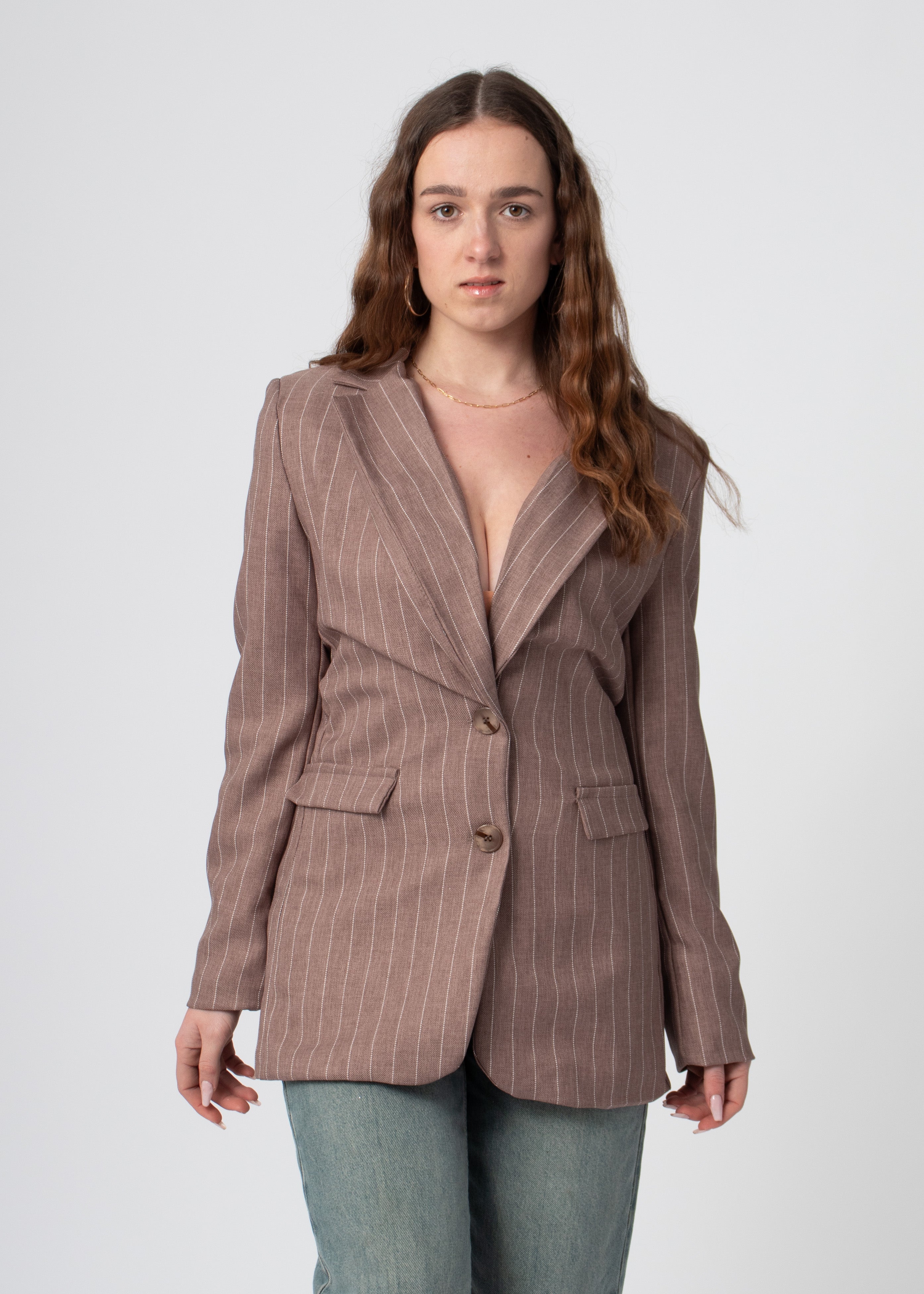 bruin gestreepte blazer met knopen en zakken