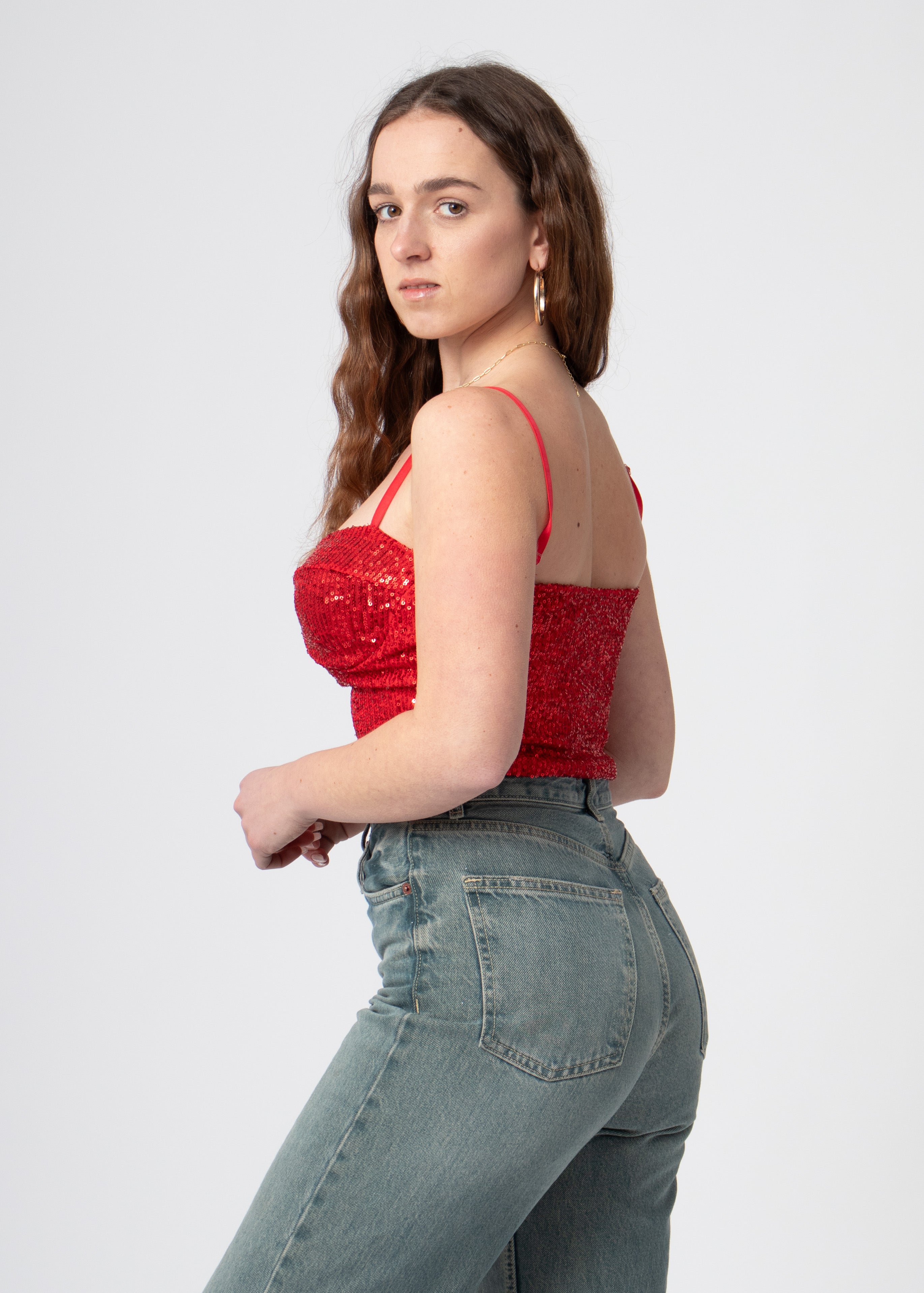 sequin glitter bustier crop top rood met bandjes