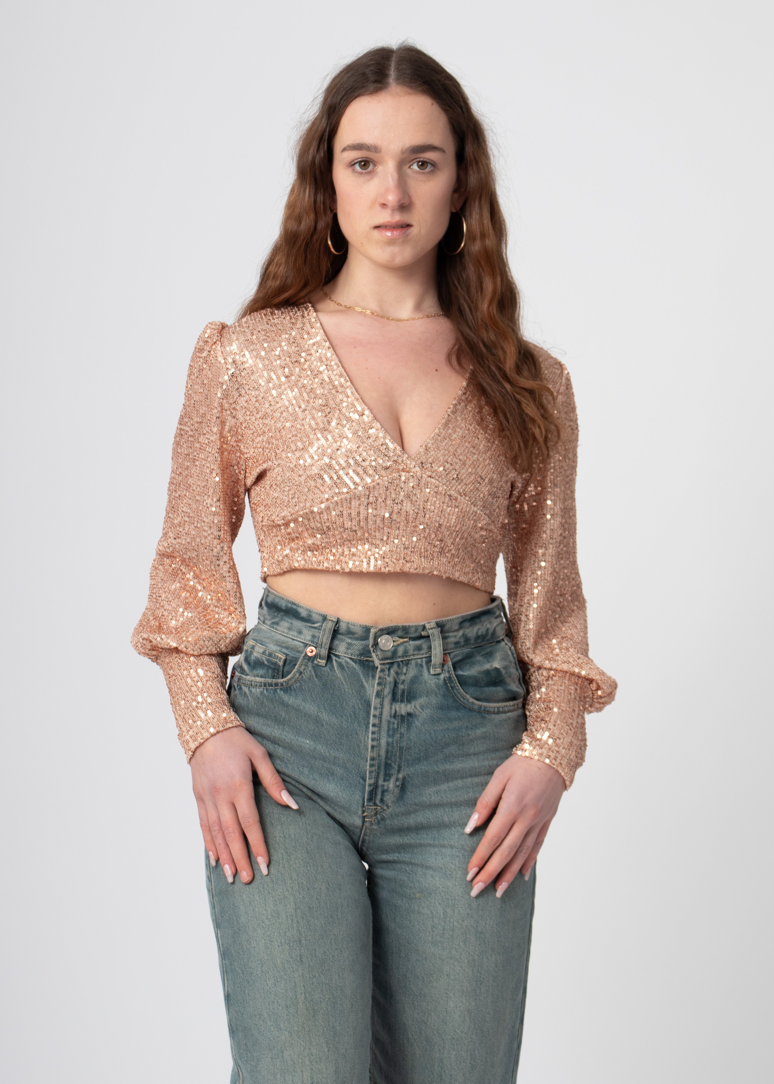 sequin glitter blouse crop top met lange mouw en diepe hals