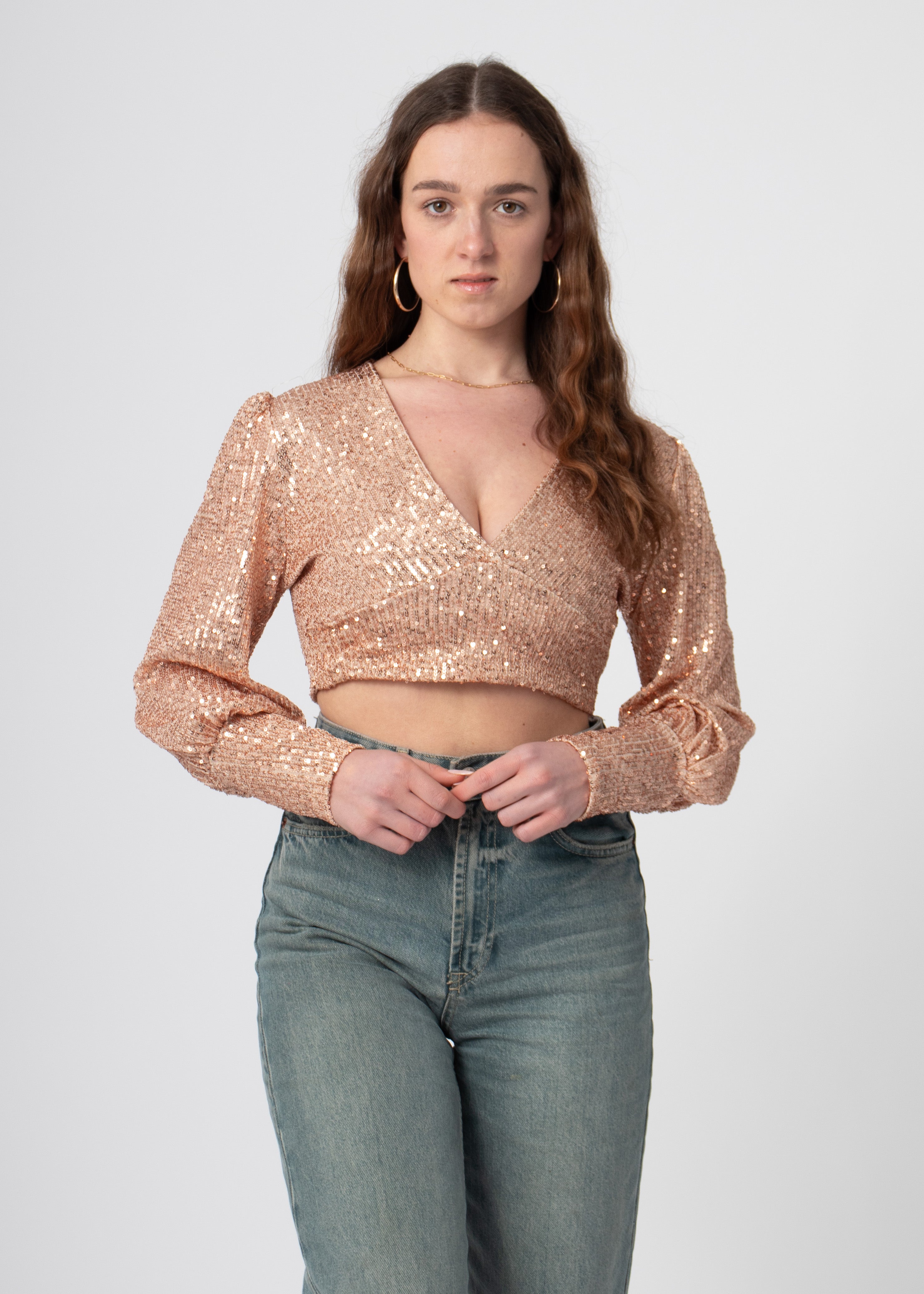 sequin glitter blouse crop top met lange mouw en diepe hals