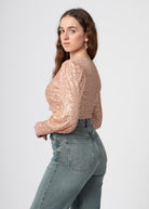 sequin glitter blouse crop top met lange mouw en diepe hals