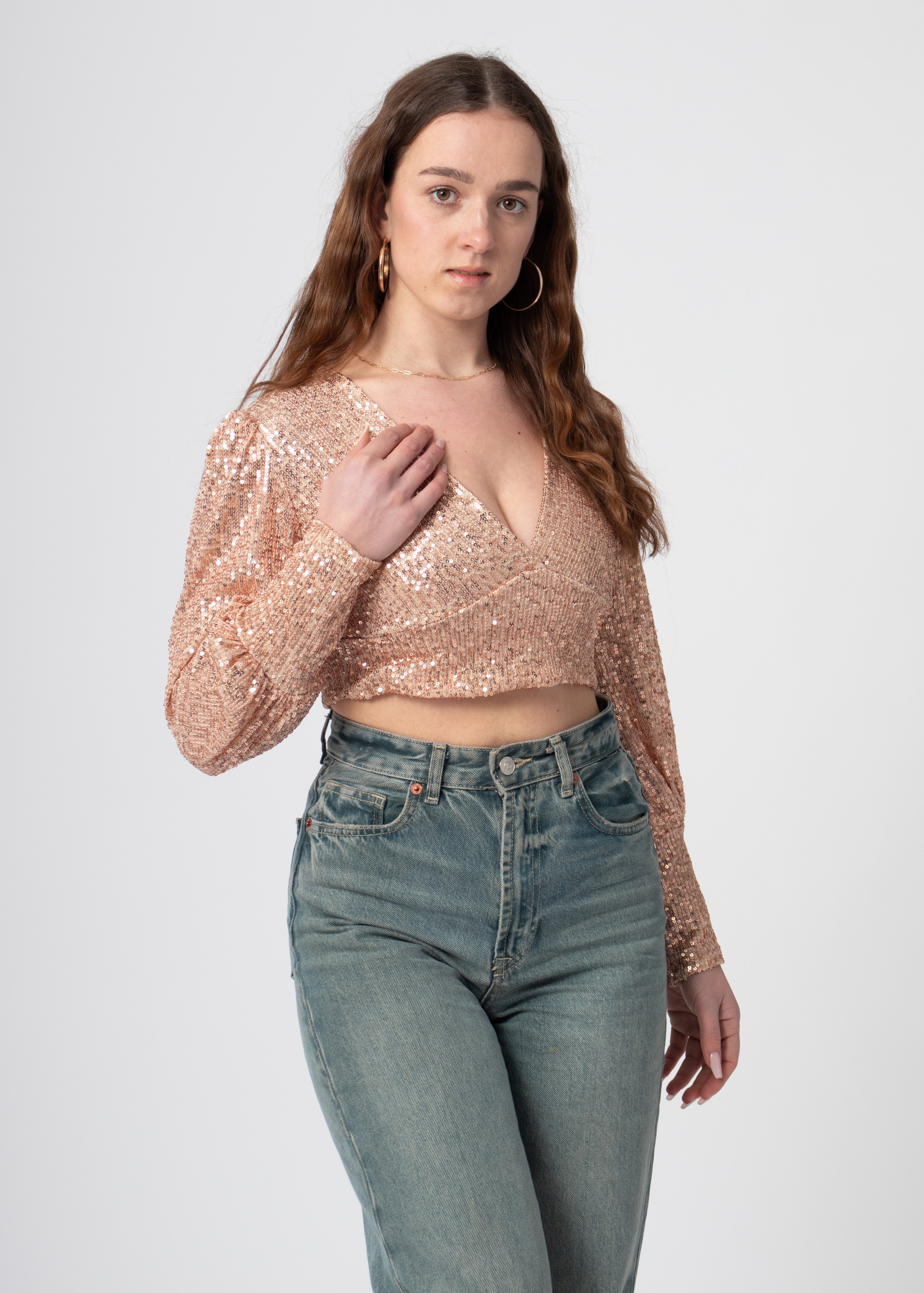 sequin glitter blouse crop top met lange mouw en diepe hals