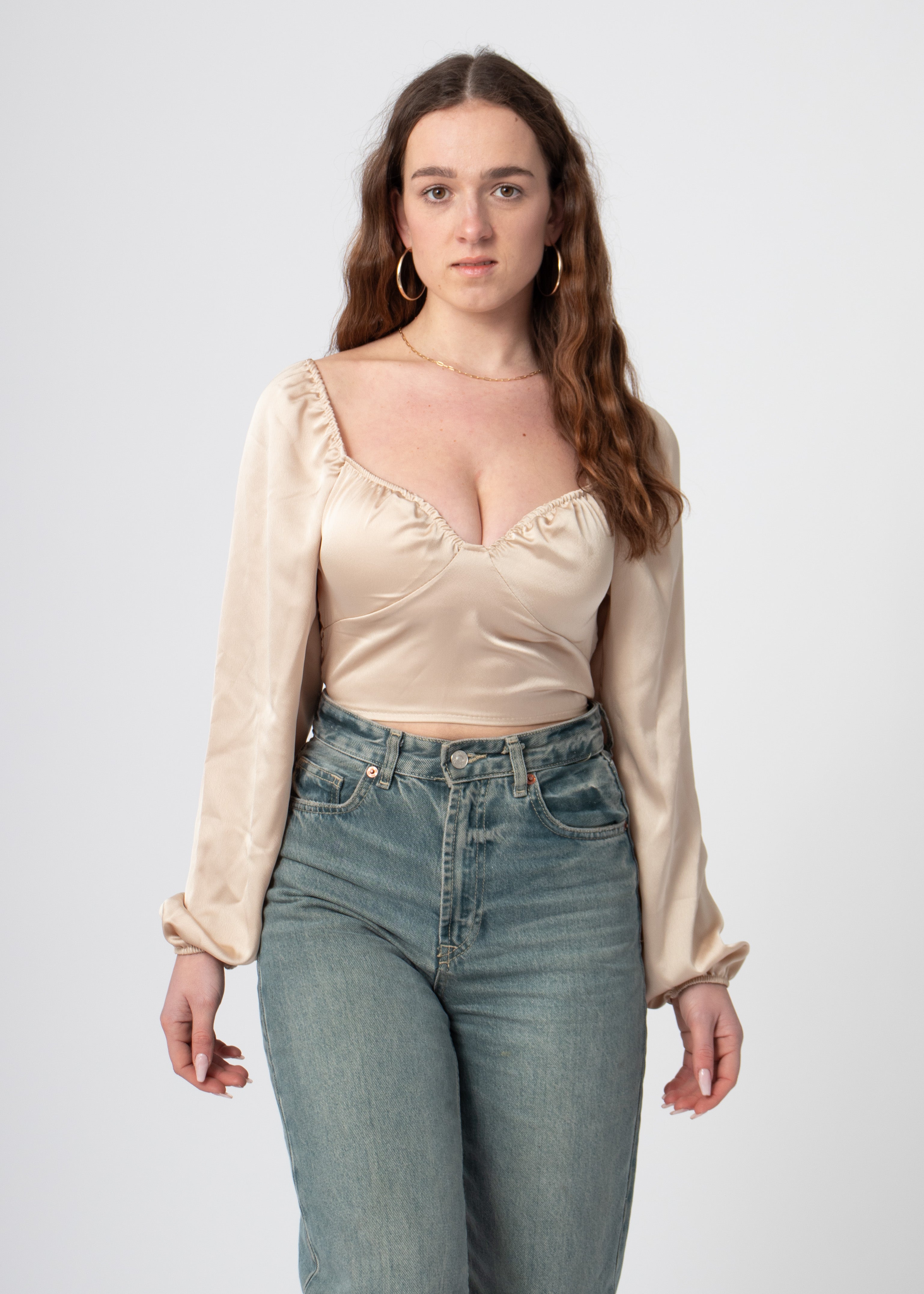 satijnen bustier top pofmouwen stretch beige