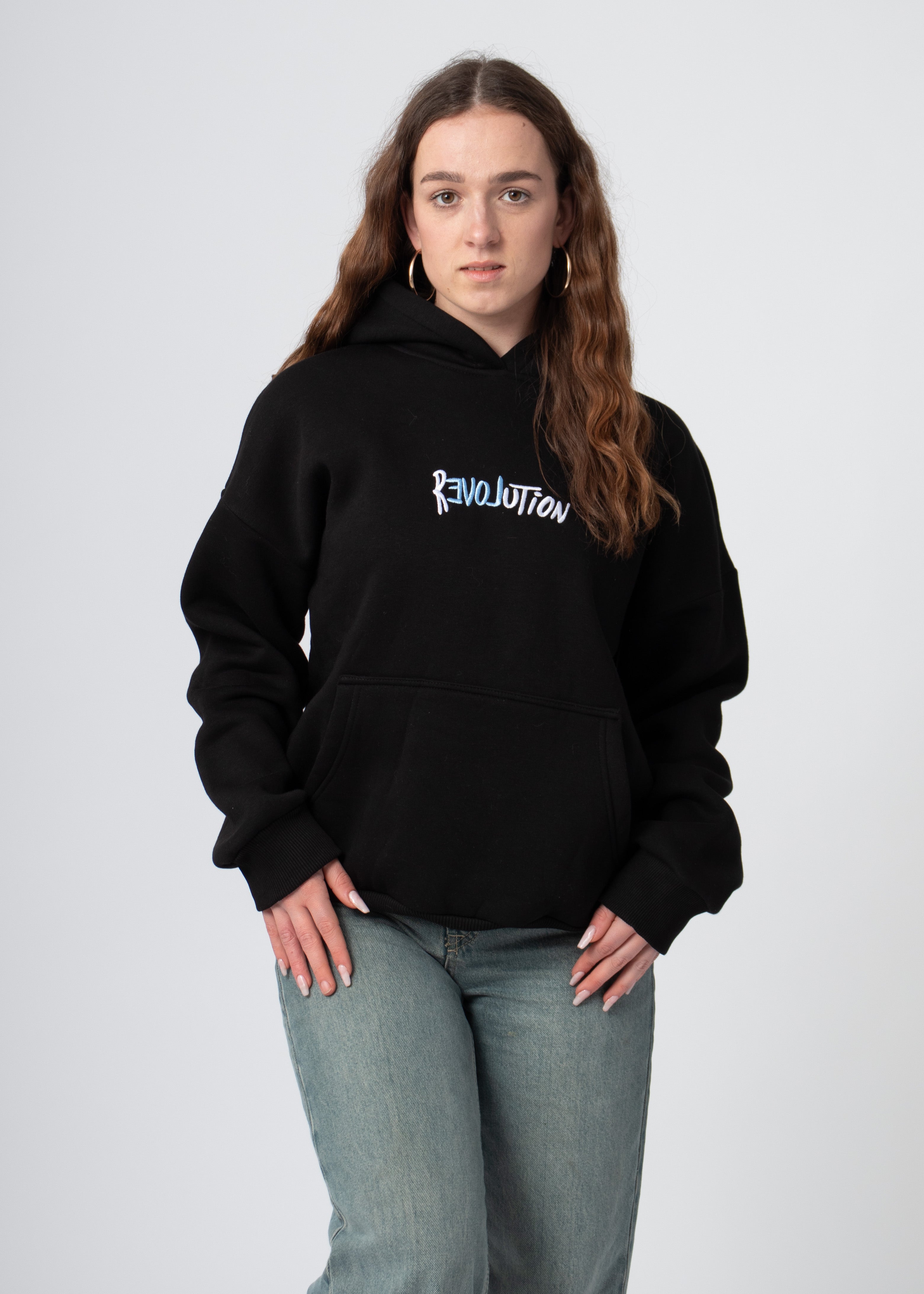 Zwarte oversized dames hoodie met opdruk zacht gevoerd