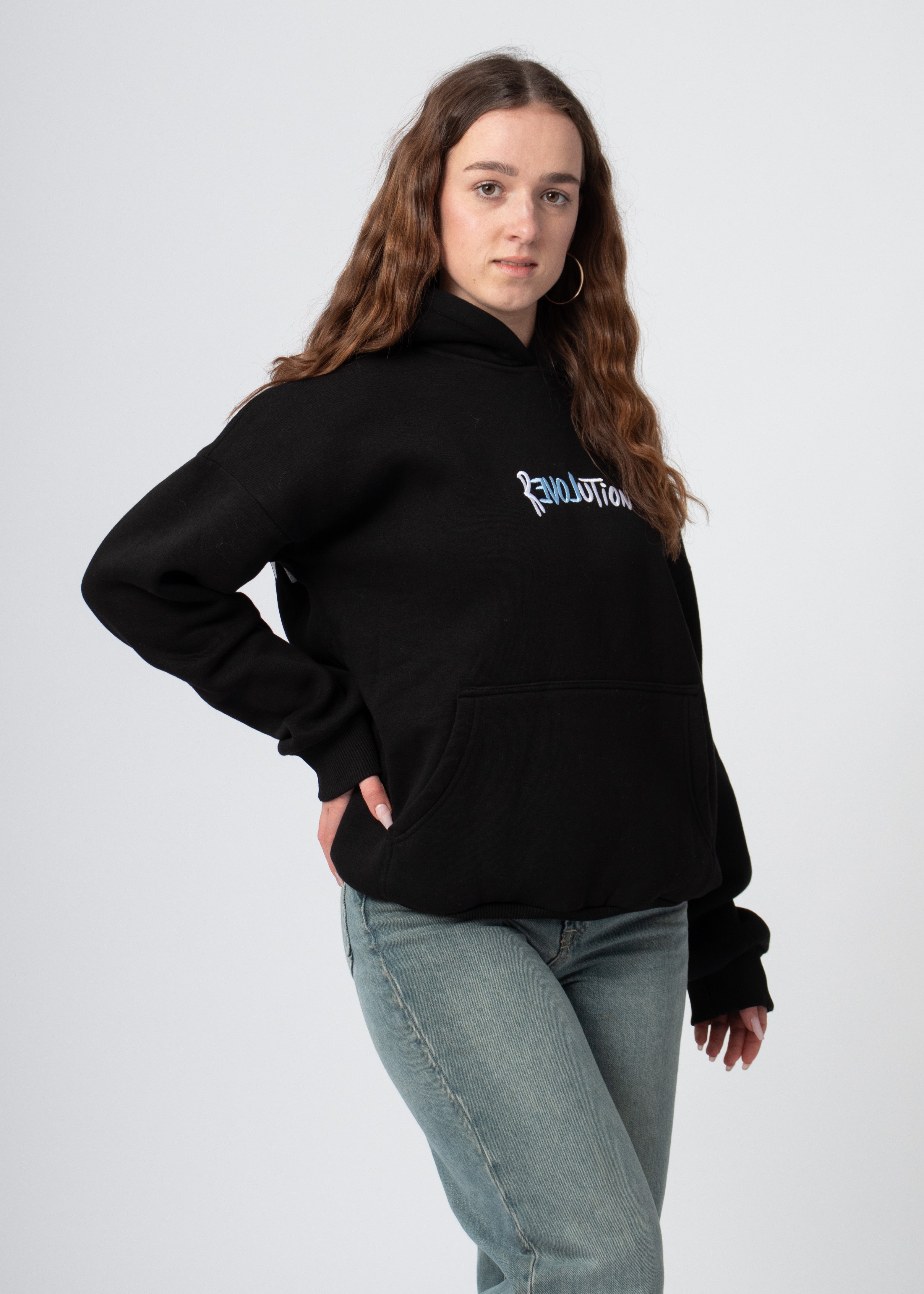 Zwarte oversized dames hoodie met opdruk zacht gevoerd