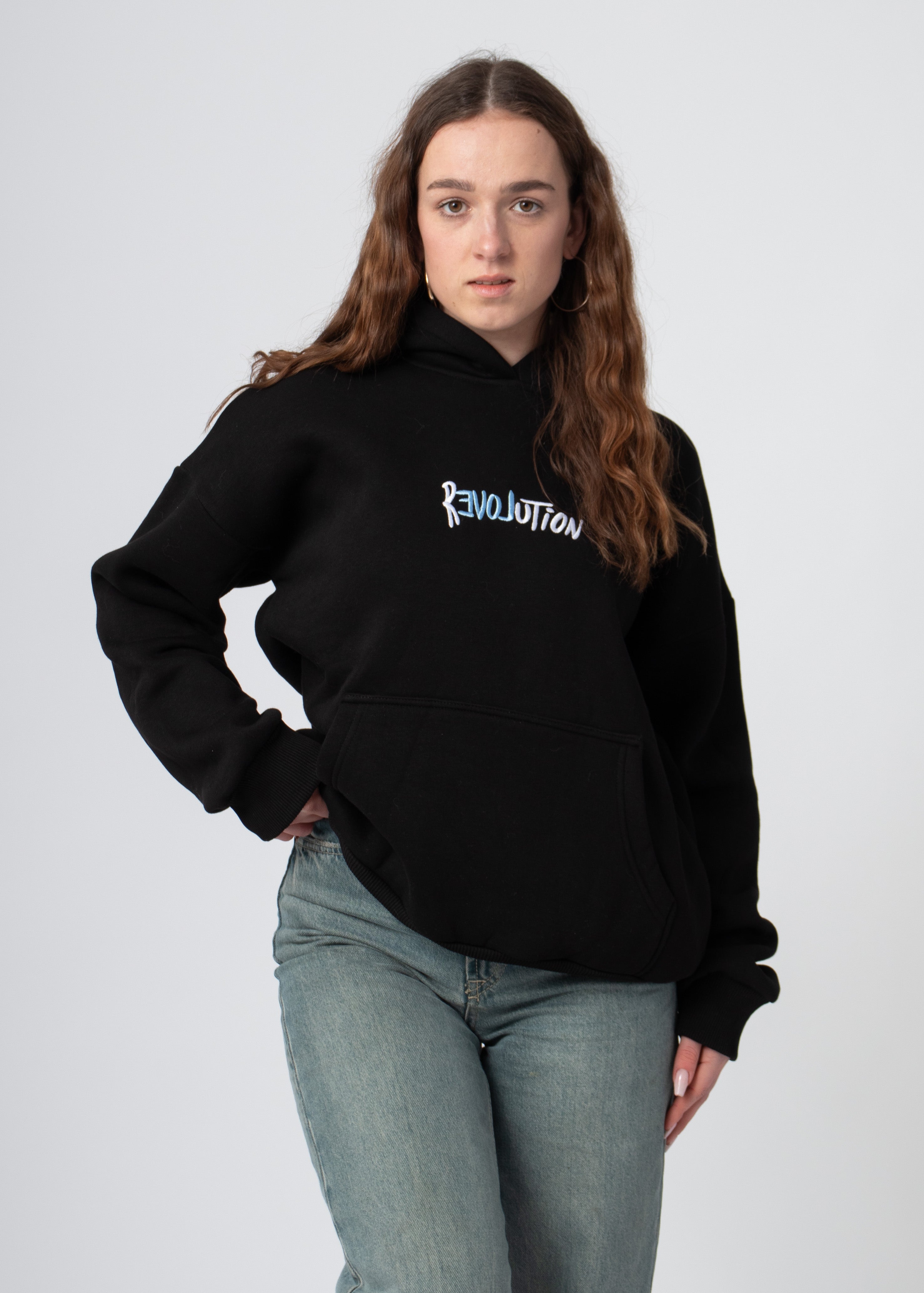 Zwarte oversized dames hoodie met opdruk zacht gevoerd