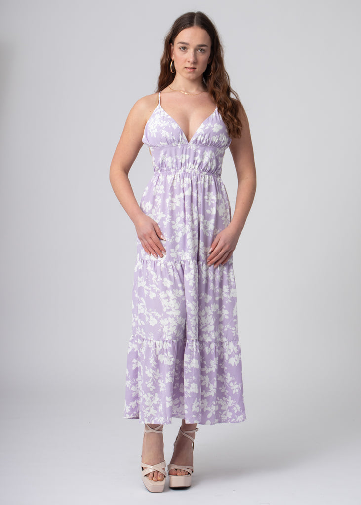 lange zomer jurk bloemenprint met open rug paars
