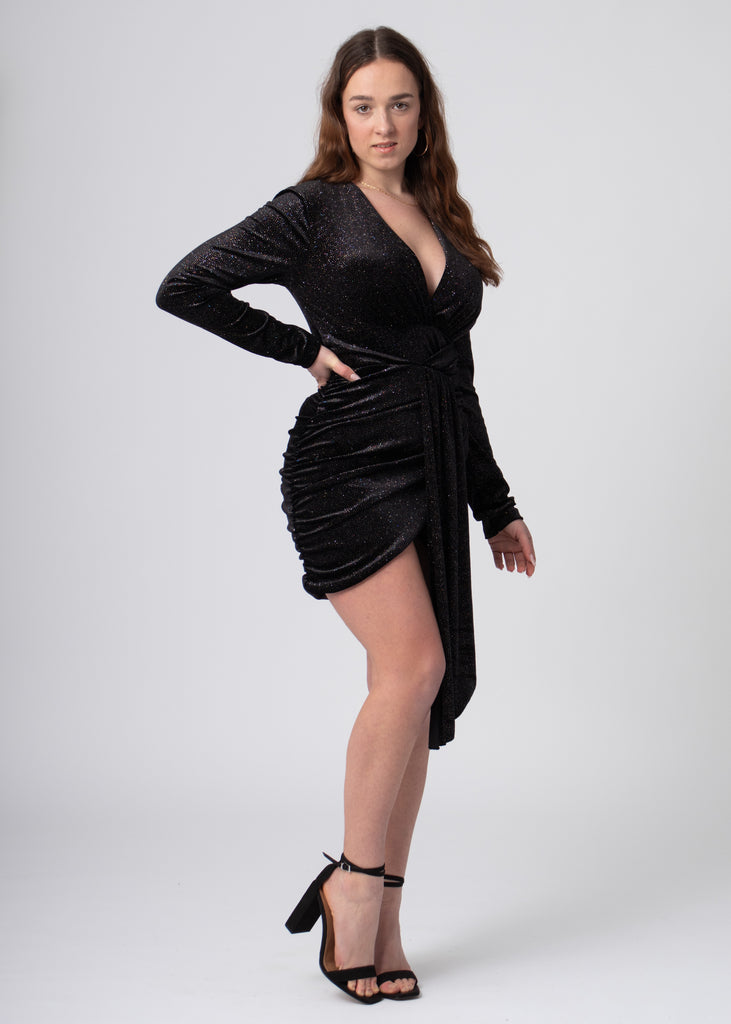 overslag glitter jurk met lange mouw en v-hals multicolor zwart