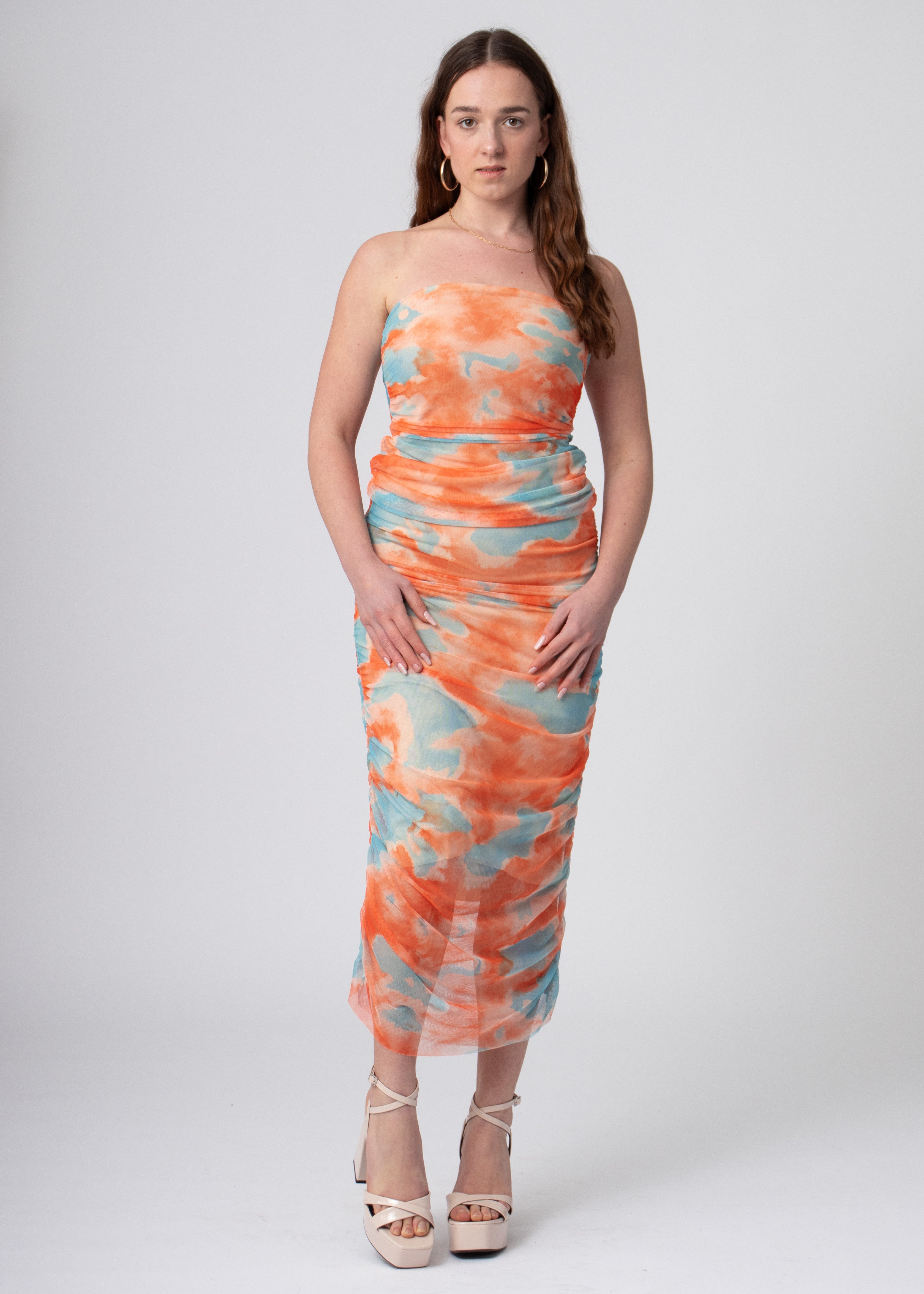 lange tie dye rok van geruched mesh blauw oranje