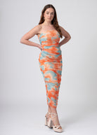 lange tie dye rok van geruched mesh blauw oranje