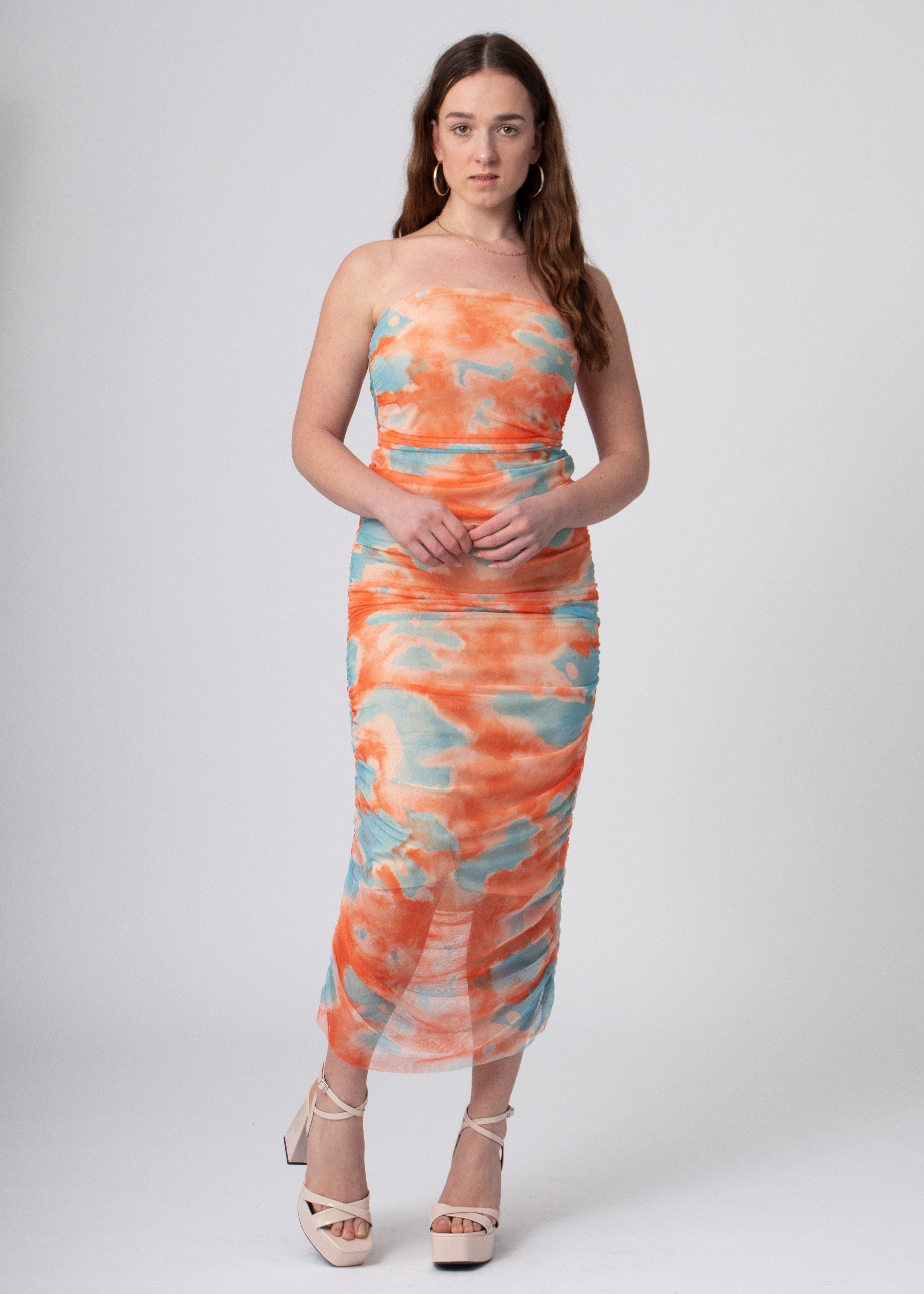 lange tie dye rok van geruched mesh blauw oranje