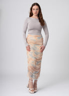 lange tie dye rok van geruched mesh blauw beige