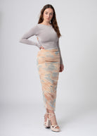 lange tie dye rok van geruched mesh blauw beige