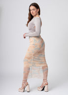 lange tie dye rok van geruched mesh blauw beige