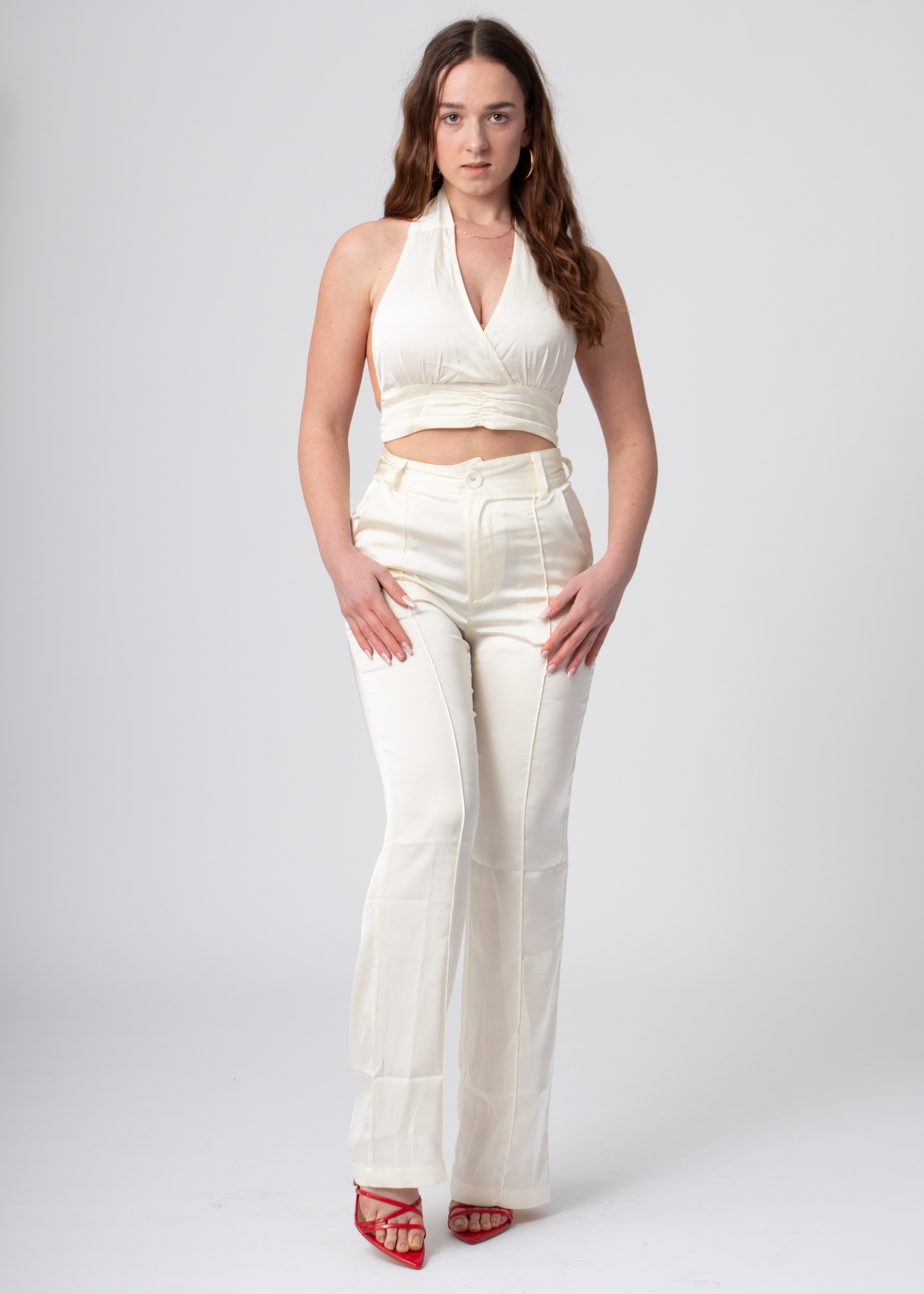 satijnen straight leg pantalon met zakken wit