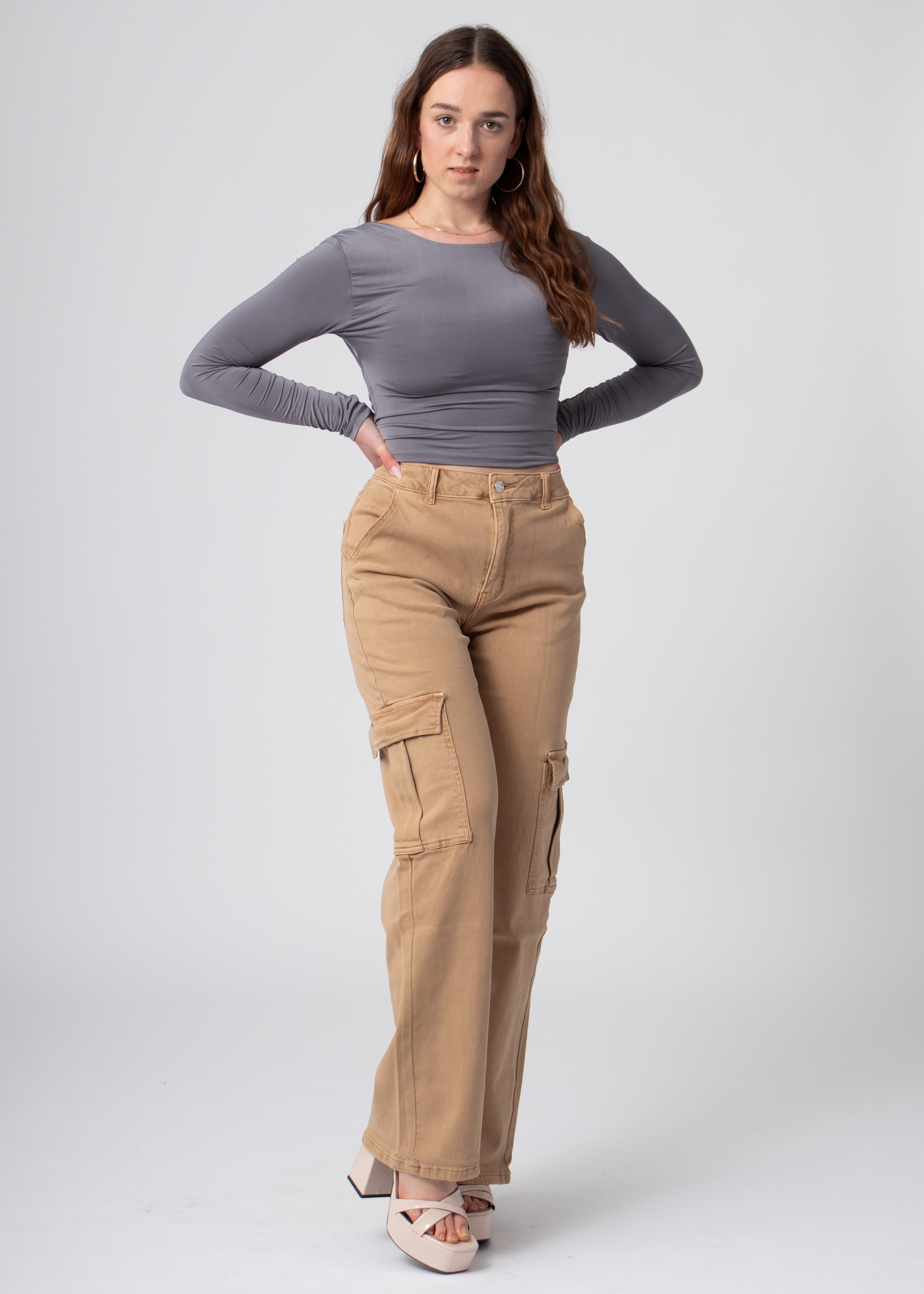 dames straight leg cargo jeans camel 