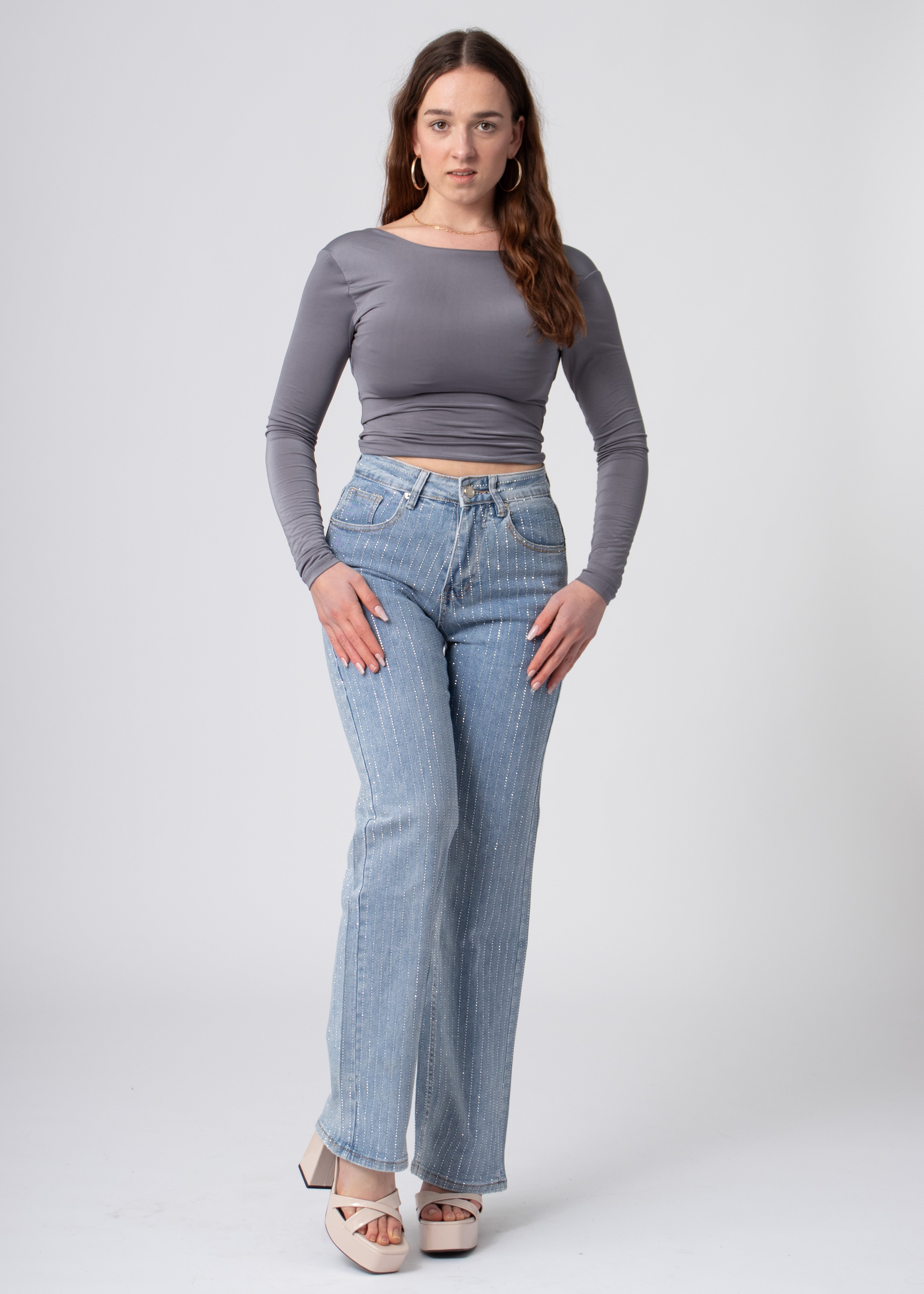 denim broek met glanzende steentjes