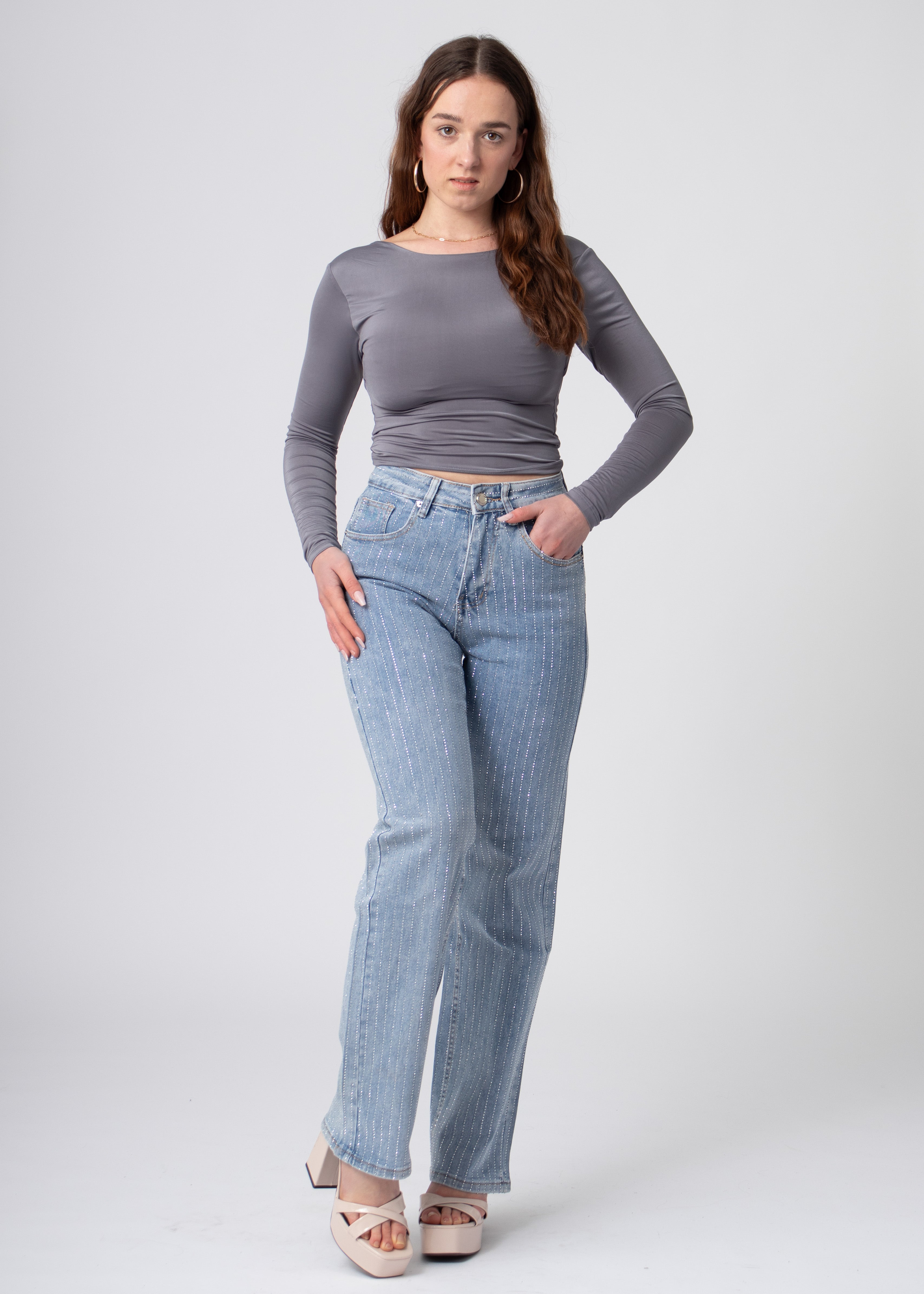 denim broek met glanzende steentjes