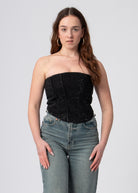 zwarte denim bandeau korset top met glanzende steentjes