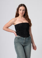 zwarte denim bandeau korset top met glanzende steentjes