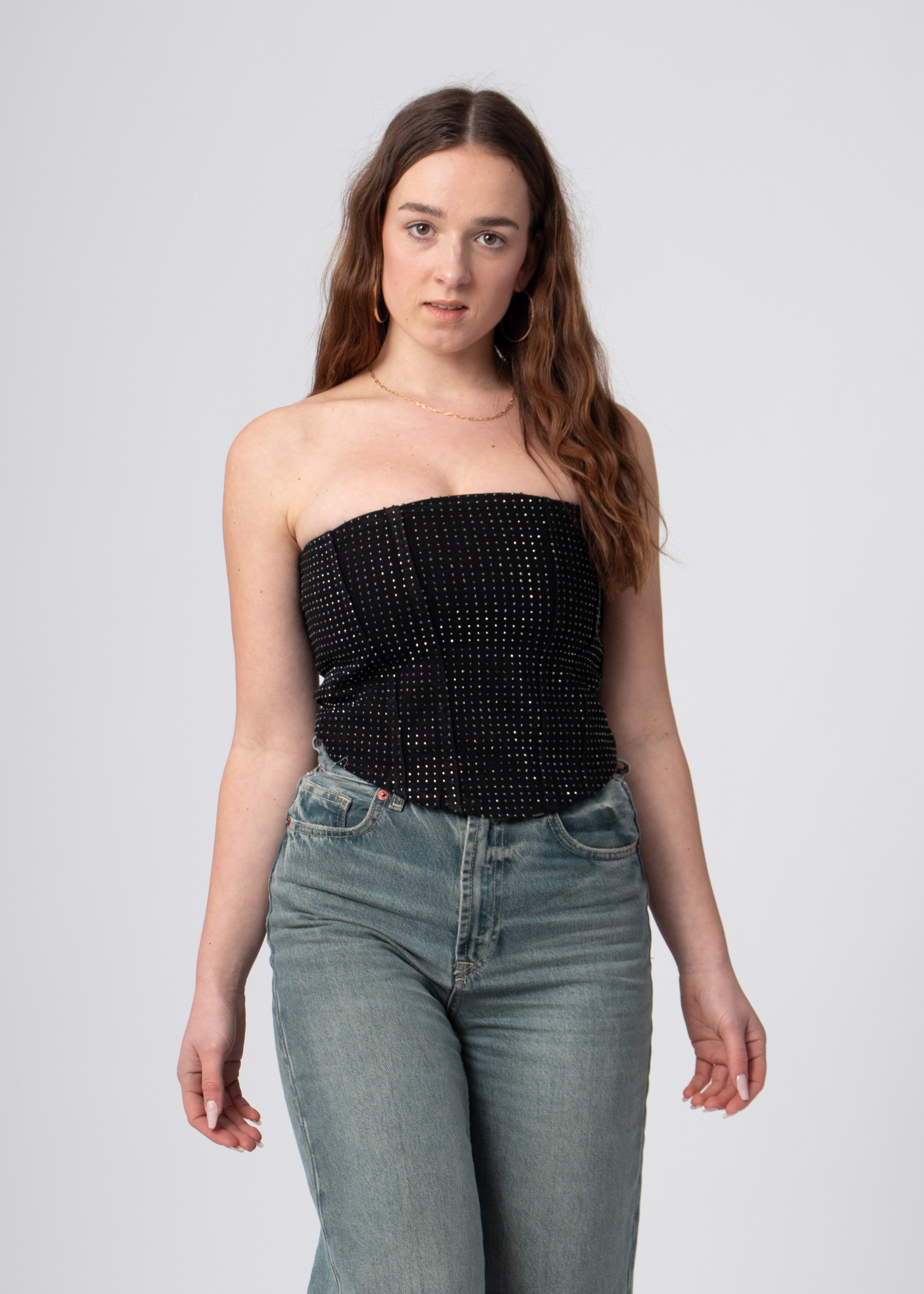 zwarte denim bandeau korset top met glanzende steentjes