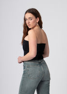 zwarte denim bandeau korset top met glanzende steentjes